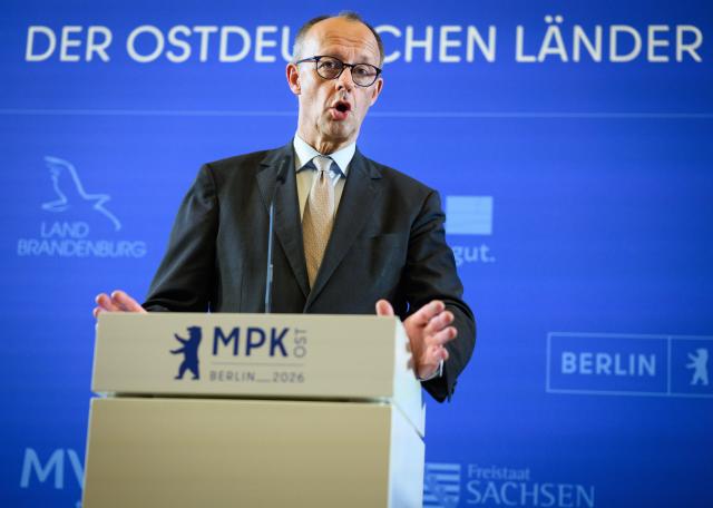 26 March 2026, Berlin: Germany's Chancellor Friedrich Merz speaks at a press conference marking the conclusion of the 56th Regional Conference of the Heads of Government of the eastern German states at the Rotes Rathaus. Berlin assumed the chairmanship of the Conference of Minister Presidents of the Eastern German States (MPK-Ost) from the Free State of Thuringia on 01 December 2025. Photo: Bernd von Jutrczenka/dpa