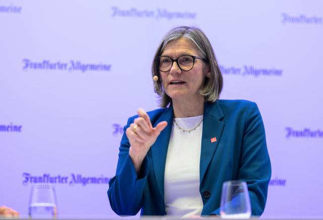27 March 2026, Hesse, Frankfurt/Main: Christiane Benner, President of IG Metall, speaks at the FAZ Congress. Photo: Hannes P. Albert/dpa
