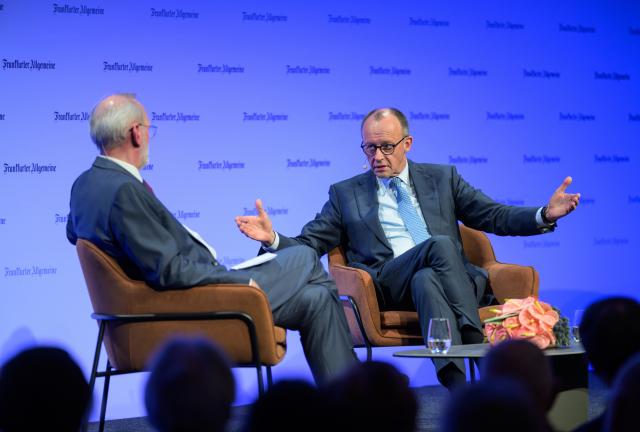 27 March 2026, Hesse, Frankfurt/Main: Germany's Chancellor Friedrich Merz speaks at the "FAZ" Congress. Photo: Hannes P. Albert/dpa