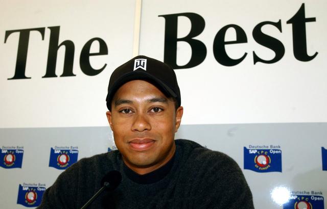 FILED - 14 May 2003, Schleswig-Holstein, Alveslohe: American professional golfer Tiger Woods attends a press conference before the start of the Deutsche Bank - SAP Open golf tournament on the golf course in Gut Kaden. Photo: Kay Nietfeld/dpa