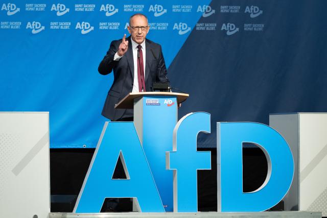 28 March 2026, Saxony, Loebau: Joerg Urban, chairman of the Alternative for Germany (AfD) in Saxony, speaks at the AfD Saxony state party convention at the Loebau Exhibition and Event Park. Photo: Sebastian Kahnert/dpa