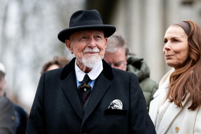 28 March 2026, Thuringia, Meiningen: German Artist Markus Luepertz stands during the unveiling of a two-meter-tall statue of Duke Georg II of Saxe-Meiningen, known as the "Theater Duke", which created by Luepertz. Photo: Jacob Schröter/dpa