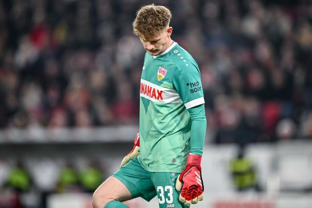 FILED - 16 March 2025, Baden-Württemberg, Stuttgart: Stuttgart goalkeeper Alexander Nuebel reacts during the German Bundesliga soccer match between VfB Stuttgart and Bayer Leverkusen at the MHPArena. Photo: Harry Langer/dpa - IMPORTANT NOTE: In accordance with the regulations of the DFL German Football League and the DFB German Football Association, it is prohibited to utilize or have utilized photographs taken in the stadium and/or of the match in the form of sequential images and/or video-like photo series.