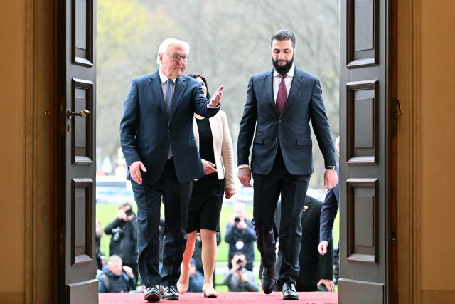 30 March 2026, Berlin: German President Frank-Walter Steinmeier (L) receives Syria's interim president Ahmed al-Sharaa at the Bellevue Palace. Photo: Lilli Förter/dpa