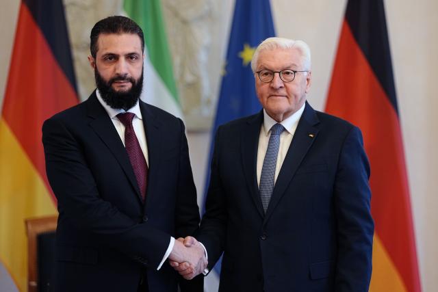 30 March 2026, Berlin: German President Frank-Walter Steinmeier (R) receives Syria's interim president Ahmed al-Sharaa at the Bellevue Palace. Photo: Kay Nietfeld/dpa