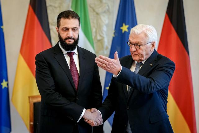 30 March 2026, Berlin: German President Frank-Walter Steinmeier (R) receives Syria's interim president Ahmed al-Sharaa at the Bellevue Palace. Photo: Kay Nietfeld/dpa