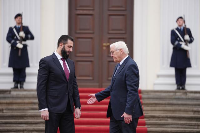 30 March 2026, Berlin: German President Frank-Walter Steinmeier (R) receives Syria's interim president Ahmed al-Sharaa at the Bellevue Palace. Photo: Kay Nietfeld/dpa