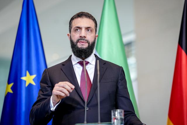 30 March 2026, Berlin: Syria's interim president Ahmed al-Sharaa attends a joint press conference with German Chancellor Friedrich Merz at the Federal Chancellery in Berlin. Photo: Kay Nietfeld/dpa