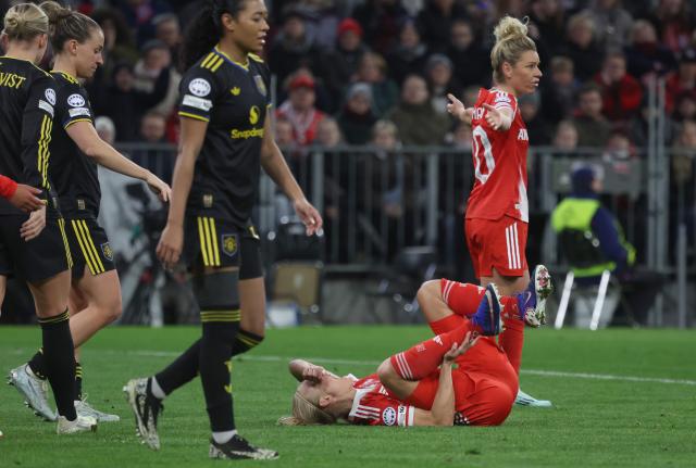 01 April 2026, Bavaria, Munich: Bayern Munich's Pernille Harder lies on the ground during the UEFA Women's Champions League quarter final second leg soccer match between Bayern Munich and Manchester United at Allianz Arena. Photo: Karl-Josef Hildenbrand/dpa