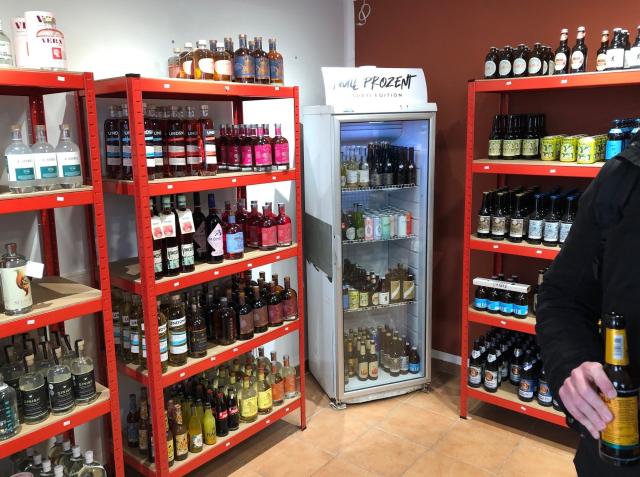 FILED - 03 April 2021, Berlin: A view inside the 'Null Prozent Spaeti' in Berlin's Kreuzberg district. The specialty store, which also operates an online shop, offers non-alcoholic beer, rum, gin, whisky, vodka and wine, promoting the 'mindful drinking' trend. Photo: Gregor Tholl/dpa-Zentralbild/dpa