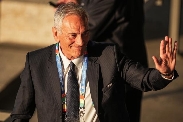 FILED - 14 July 2024, Berlin: Gabriele Gravina, then UEFA Vice-President, waves in the stands ahead of UEFA EURO 2024 soccer match batewwn Spain and England at the Olympiastadion. Photo: Michael Kappeler/dpa