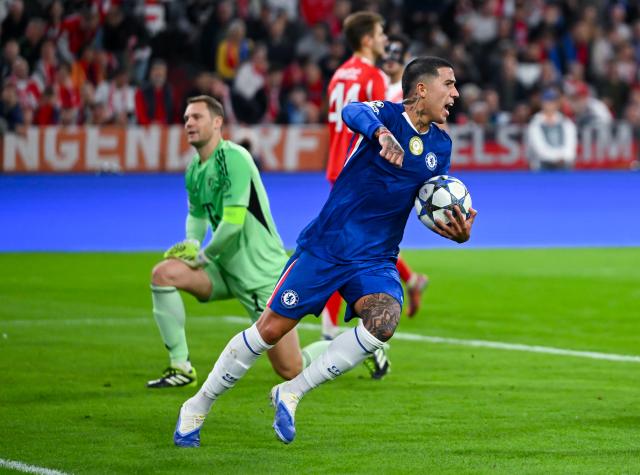 FILED - 17 September 2025, Bavaria, Munich: Chelsea's Enzo Fernandez celebrates his side's first goal during the UEFA Champions League soccer match between Bayern Munich and Chelsea FC at the Allianz Arena. Photo: Sven Hoppe/dpa