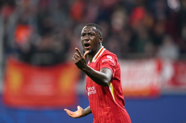 FILED - 23 October 2024, Saxony, Leipzig: Liverpool's Ibrahima Konate gestures during the UEFA Champions League soccer match between RB Leipzig and Liverpool FC at Red Bull Arena. Photo: Robert Michael/dpa