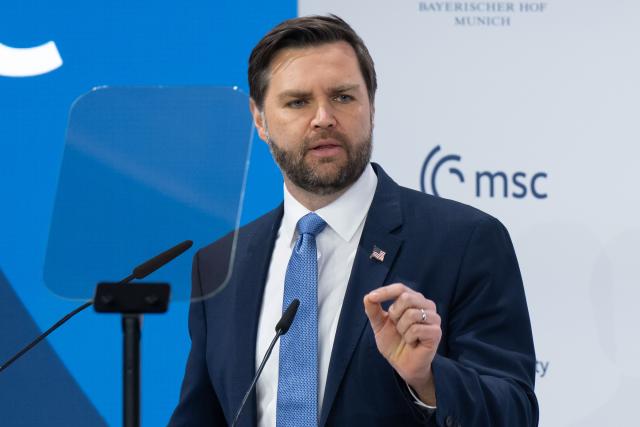 FILED - 14 February 2025, Bavaria, Munich: US Vice President JD Vance speaks at the 61st Munich Security Conference (MSC) at the Bayerischer Hof conference hotel. Photo: Sven Hoppe/dpa