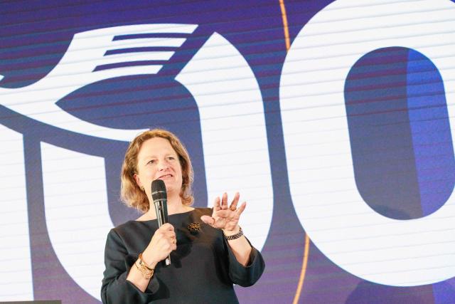 06 April 2026, Brandenburg, Schoenefeld: Aletta von Massenbach, CEO of Berlin Brandenburg Airport, speaks during a ceremony marking the 100th anniversary of Lufthansa's first flight at Berlin Brandenburg Airport (BER). Photo: Carsten Koall/dpa