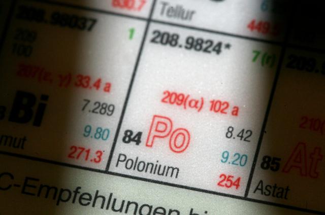 FILED - 12 December 2006, Hamburg: The element polonium, at position 84 on the periodic table, is on display in a Hamburg office. The radioactive substance polonium-210 was used to poison former Russian secret agent Alexander Litvinenko in London on 01 November 2006; he died three weeks later as a result. Photo: Kay Nietfeld/dpa