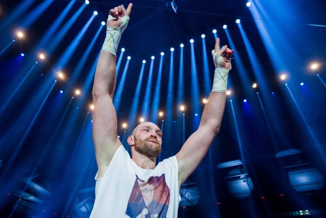 FILED - 29 November 2015, North Rhine-Westphalia, Düsseldorf: British boxer Tyson Fury celebrates his victory over Ukraine's Vladimir Klitschko after their world heavyweight title bout at the Esprit Arena in Duesseldorf. Photo: Rolf Vennenbernd/dpa