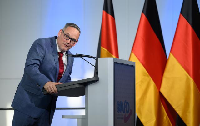 11 April 2026, Saxony-Anhalt, Magdeburg: Martin Reichardt, state chairman of the Alternative for Germany (AfD) in Saxony-Anhalt, speaks at the AfD state party convention in Magdeburg, where delegates aim to finalize and adopt the party's platform for the 2026 state election. Photo: Hendrik Schmidt/dpa