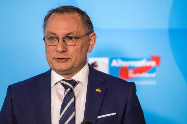 12 April 2026, Brandenburg, Cottbus: Tino Chrupalla (AfD), federal and parliamentary group leader, speaks at a press conference at the end of the AfD parliamentary group retreat in Cottbus. Photo: Frank Hammerschmidt/dpa