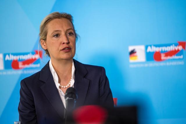 12 April 2026, Brandenburg, Cottbus: Alice Weidel (AfD), federal and parliamentary group leader, speaks at a press conference at the end of the AfD parliamentary group retreat in Cottbus. Photo: Frank Hammerschmidt/dpa