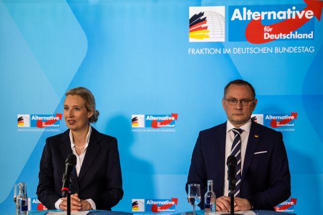 12 April 2026, Brandenburg, Cottbus: Alice Weidel (AfD), federal and parliamentary group leader, and Tino Chrupalla (AfD), federal and parliamentary group leader, speak at a press conference at the end of the AfD parliamentary group retreat. Photo: Frank Hammerschmidt/dpa