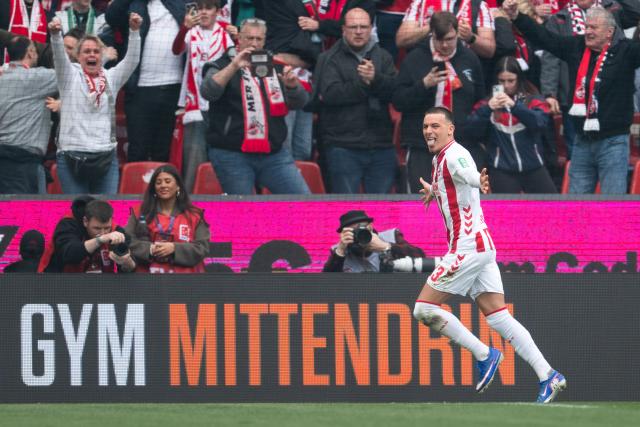 12 April 2026, North Rhine-Westphalia, Cologne: Cologne's Said El Mala celebrates scoring his side's first goal during the German Bundesliga soccer match between 1. FC Cologne and Werder Bremen at RheinEnergieStadion. Photo: Marius Becker/dpa - WICHTIGER HINWEIS: Gemäß den Vorgaben der DFL Deutsche Fußball Liga bzw. des DFB Deutscher Fußball-Bund ist es untersagt, in dem Stadion und/oder vom Spiel angefertigte Fotoaufnahmen in Form von Sequenzbildern und/oder videoähnlichen Fotostrecken zu verwerten bzw. verwerten zu lassen.