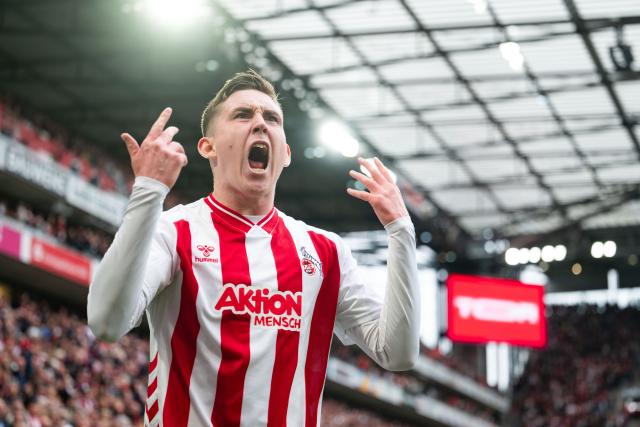 12 April 2026, North Rhine-Westphalia, Cologne: Cologne's Isak Johannesson celebrates scoring his side's third goal during the German Bundesliga soccer match between 1. FC Cologne and Werder Bremen at RheinEnergieStadion. Photo: Marius Becker/dpa - WICHTIGER HINWEIS: Gemäß den Vorgaben der DFL Deutsche Fußball Liga bzw. des DFB Deutscher Fußball-Bund ist es untersagt, in dem Stadion und/oder vom Spiel angefertigte Fotoaufnahmen in Form von Sequenzbildern und/oder videoähnlichen Fotostrecken zu verwerten bzw. verwerten zu lassen.