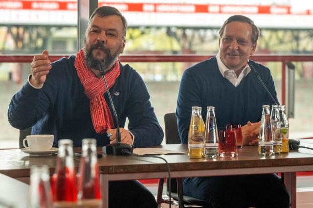 13 April 2026, Berlin: Union Berlin's Christian Arbeit and Horst Heldt inform about the change of coach and new interim head coach Marie-Louise Eta during a press conference at Stadion An der Alten Foersterei. Photo: Matthias Koch/dpa