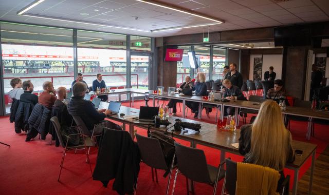 13 April 2026, Berlin: Union Berlin's Christian Arbeit and Horst Heldt inform about the change of coach and the new interim head coach Marie-Louise Eta during a press conference at Stadion An der Alten Foersterei. Photo: Matthias Koch/dpa