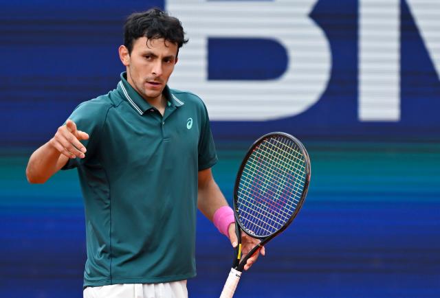 13 April 2026, Bavaria, Munich: US tennis player Emilio Nava reacts during his men's singles round of 32 match of the Bavarian International Tennis Championships against his compatriot Ben Shelton. Photo: Sven Hoppe/dpa