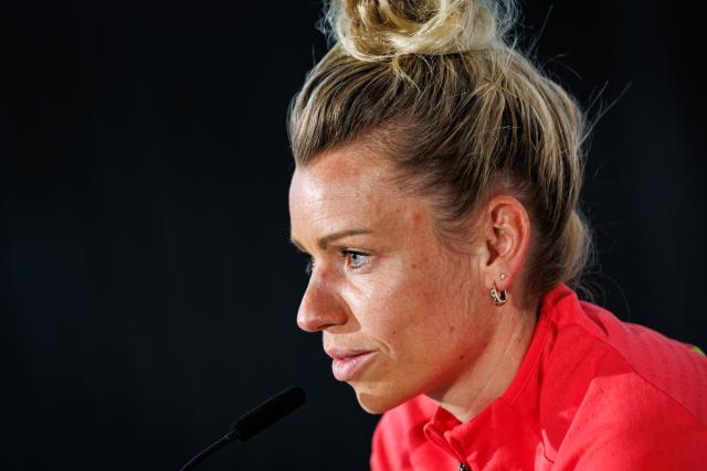 13 April 2026, Bavaria, Nuremberg: Germany's Linda Dallmann attends a press conference, ahead of the FIFA Women's World Cup UEFA qualifiers soccer match against Austria. Photo: Daniel Karmann/dpa
