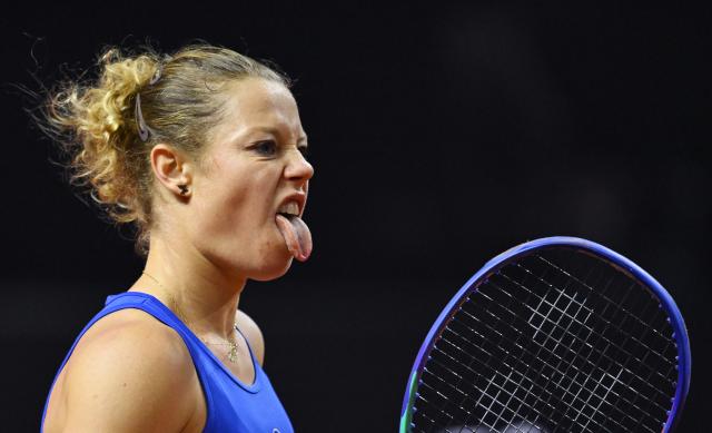 13 April 2026, Baden-Wuerttemberg, Stuttgart: German tennis player Laura Siegemund reacts during her women's singles round of 32 match of the Stuttgart Open tennis tournament against Bulgaria's Viktoriya Tomova. Photo: Marijan Murat/dpa