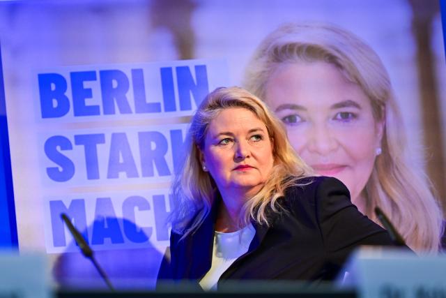 14 April 2026, Berlin: Kristin Brinker, the Alternative for Germany (AfD) lead candidate for the Berlin House of Representatives election and state chair of the Berlin AfD, speaks during the launch of the Berlin AfD's campaign for the House of Representatives election. Photo: Sebastian Christoph Gollnow/dpa