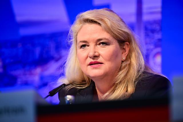 14 April 2026, Berlin: Kristin Brinker, the Alternative for Germany (AfD) lead candidate for the Berlin House of Representatives election and state chair of the Berlin AfD, speaks during the launch of the Berlin AfD's campaign for the House of Representatives election. Photo: Sebastian Christoph Gollnow/dpa