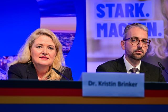 14 April 2026, Berlin: Kristin Brinker, the Alternative for Germany (AfD) lead candidate for the Berlin House of Representatives election and state chair of the Berlin AfD, speaks during the launch of the AfD Berlin State Association's campaign for the House of Representatives election alongside Alexander Bertram, deputy state chair of the Berlin AfD. Photo: Sebastian Christoph Gollnow/dpa