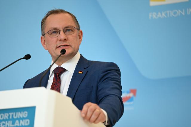 14 April 2026, Berlin: Tino Chrupalla, Chairman and parliamentary group leader of the Alternative for Germany (AfD), gives a statement before the start of the parliamentary group meeting in the German Parliament Bundestag. Photo: Markus Lenhardt/dpa