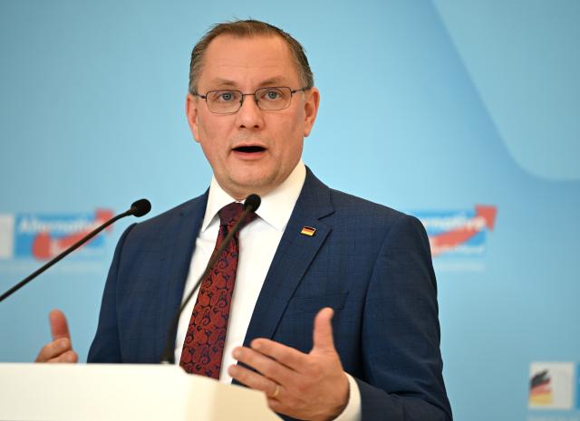 14 April 2026, Berlin: Tino Chrupalla, Chairman and parliamentary group leader of the Alternative for Germany (AfD), gives a statement before the start of the parliamentary group meeting in the German Parliament Bundestag. Photo: Markus Lenhardt/dpa