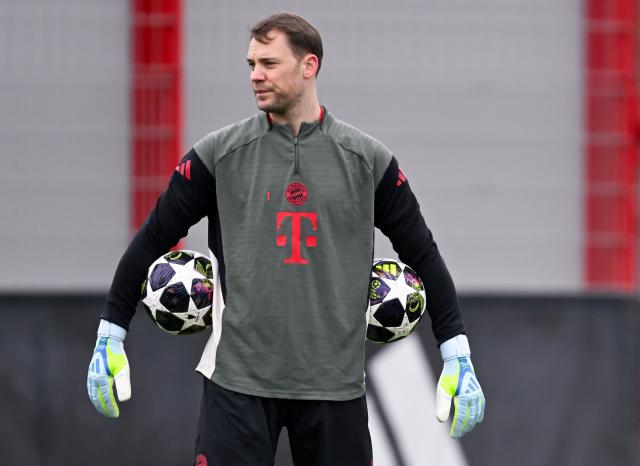 14 April 2026, Bavaria, Munich: Bayern Munich goalkeeper Manuel Neuer in action during a training session at the training facility on Saebener Strasse ahead of Wednesday's UEFA Champions League Quarter-final Second Leg soocer match against Real Madrid. Photo: Sven Hoppe/dpa