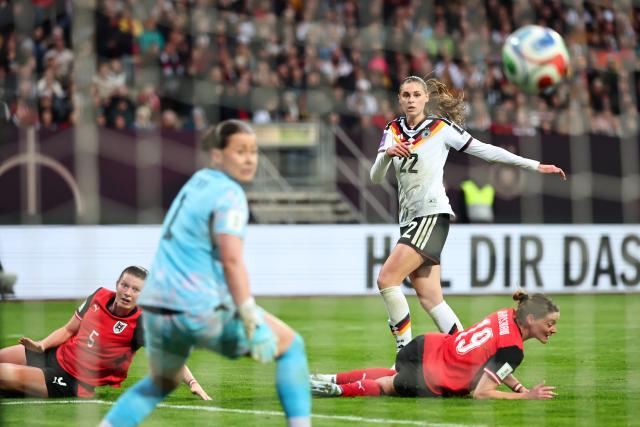 14 April 2026, Bavaria, Nuremberg: Germany's Jule Brand scores her side's fourth goal during the FIFA Women's World Cup UEFA qualifying Group D soccer match between Germany and Austria at the Max-Morlock-Stadion. Photo: Daniel Karmann/dpa
