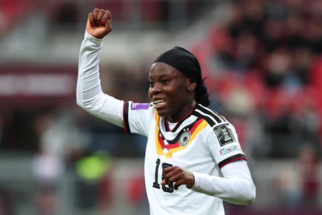 14 April 2026, Bavaria, Nuremberg: Germany's Nicole Anyomi celebrates scoring her side's first goal during the FIFA Women's World Cup UEFA qualifying Group D soccer match between Germany and Austria at the Max-Morlock-Stadion. Photo: Daniel Karmann/dpa