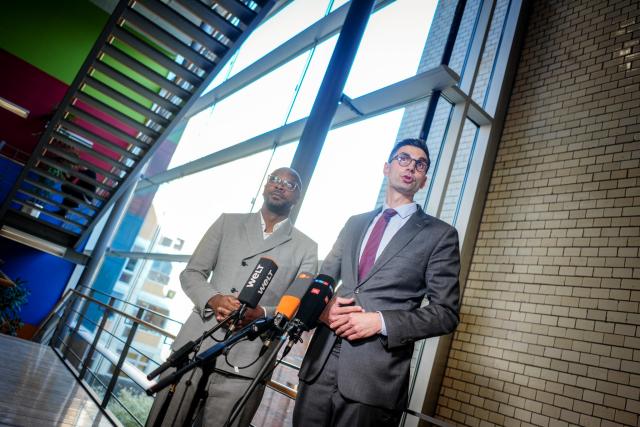 15 April 2026, Berlin: The committee chairs, Sepp Mueller (R) and Armand Zorn, issued a press statement following the fourth meeting of the task force formed by the CDU/CSU and SPD parliamentary groups on the economic impact of the war in Iran. Photo: Kay Nietfeld/dpa
