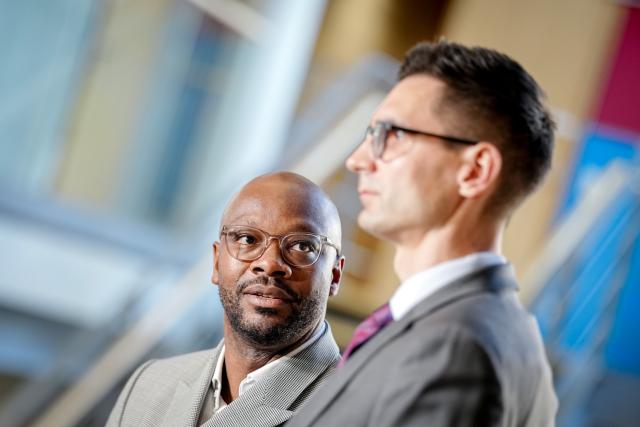 15 April 2026, Berlin: The committee chairs, Sepp Mueller (R) and Armand Zorn, issued a press statement following the fourth meeting of the task force formed by the CDU/CSU and SPD parliamentary groups on the economic impact of the war in Iran. Photo: Kay Nietfeld/dpa