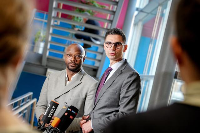 15 April 2026, Berlin: The committee chairs, Sepp Mueller (R) and Armand Zorn, issued a press statement following the fourth meeting of the task force formed by the CDU/CSU and SPD parliamentary groups on the economic impact of the war in Iran. Photo: Kay Nietfeld/dpa