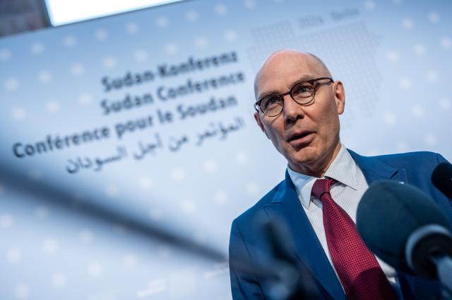 15 April 2026, Berlin: Volker Turk, UN Human Rights Commissioner, speaks during a statement at the International Sudan Conference at the Federal Foreign Office. The conference in Berlin consists of a meeting of foreign ministers, a humanitarian conference with funding pledges and a meeting of civilian actors to negotiate a peace roadmap. Photo: Michael Kappeler/dpa