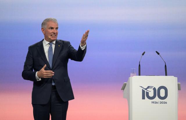 15 April 2026, Hesse, Frankfurt/Main: Carsten Spohr, Chairman of the Executive Board and CEO of Lufthansa, speaks at a ceremony marking the 100th anniversary of Lufthansa AG. Photo: Hannes P. Albert/dpa