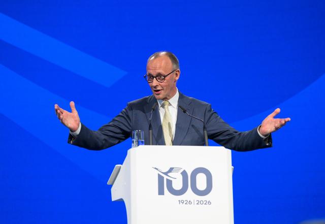 15 April 2026, Hesse, Frankfurt/Main: German Chancellor Friedrich Merz speaks at a ceremony marking the 100th anniversary of Lufthansa AG. Photo: Hannes P. Albert/dpa