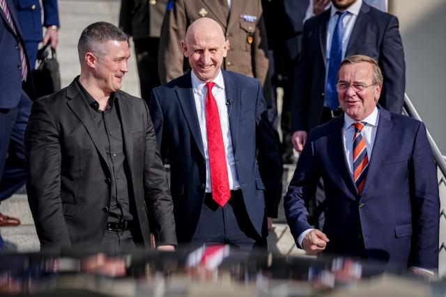 15 April 2026, Berlin: (L-R) Mykhailo Fedorov, Ukraine's Minister of Defense, John Healey, UK's Minister of Defense, and Boris Pistorius, Germany's Minister of Defense, leave after the meeting of the Ukraine Contact Group at the Federal Ministry of Defense. Photo: Kay Nietfeld/dpa