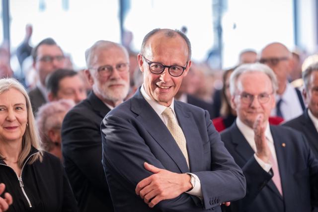 15 April 2026, Berlin: German Chancellor Friedrich Merz attends the Saxony-Anhalt Evening under the motto "#modern thinking" at the James-Simon-Galerie. Photo: Michael Kappeler/dpa
