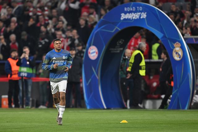 15 April 2026, Bavaria, Munich: Real Madrid's Kylian Mbappe warms up prior to the start of the UEFA Champions League Quarterfinal Second Leg soccer match between Bayern Munich and Real Madrid at Allianz Arena. Photo: Sven Hoppe/dpa