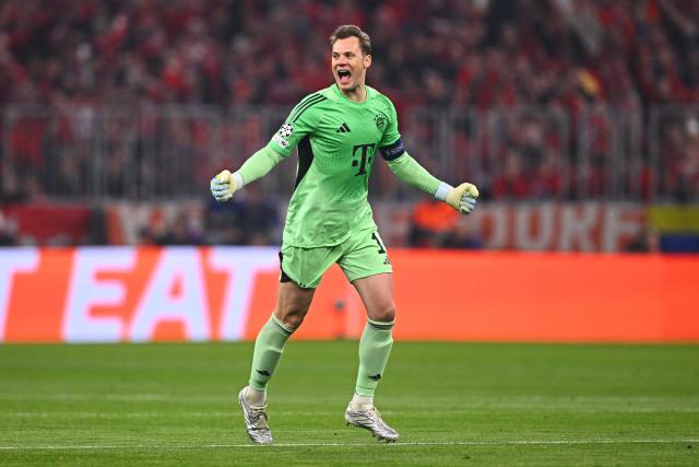 15 April 2026, Bavaria, Munich: Bayern Munich goalkeeper Manuel Neuer celebrates his side's first goal during the UEFA Champions League Quarterfinal Second Leg soccer match between Bayern Munich and Real Madrid at Allianz Arena. Photo: Tom Weller/dpa